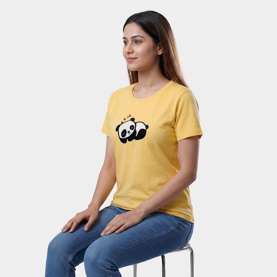 Women's Yellow Round Neck Casual T-Shirt, Yellow, large